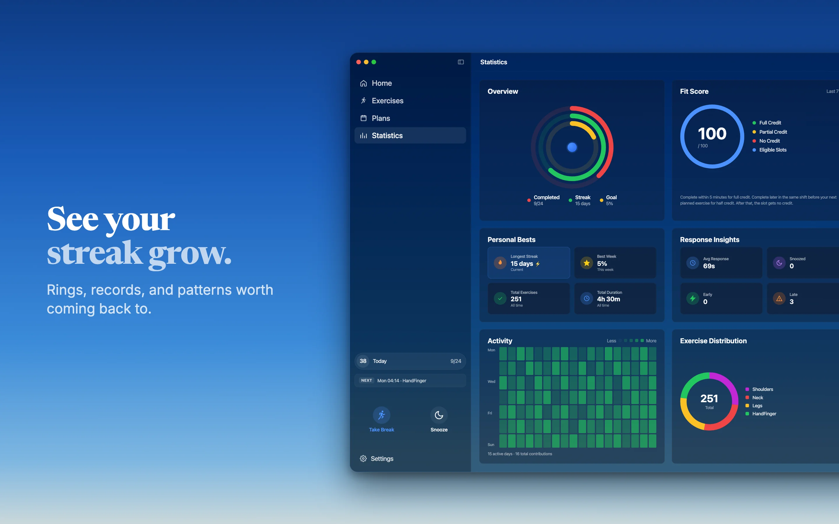 60sReset stats dashboard with Fit Score, rings, weekly chart and heatmap