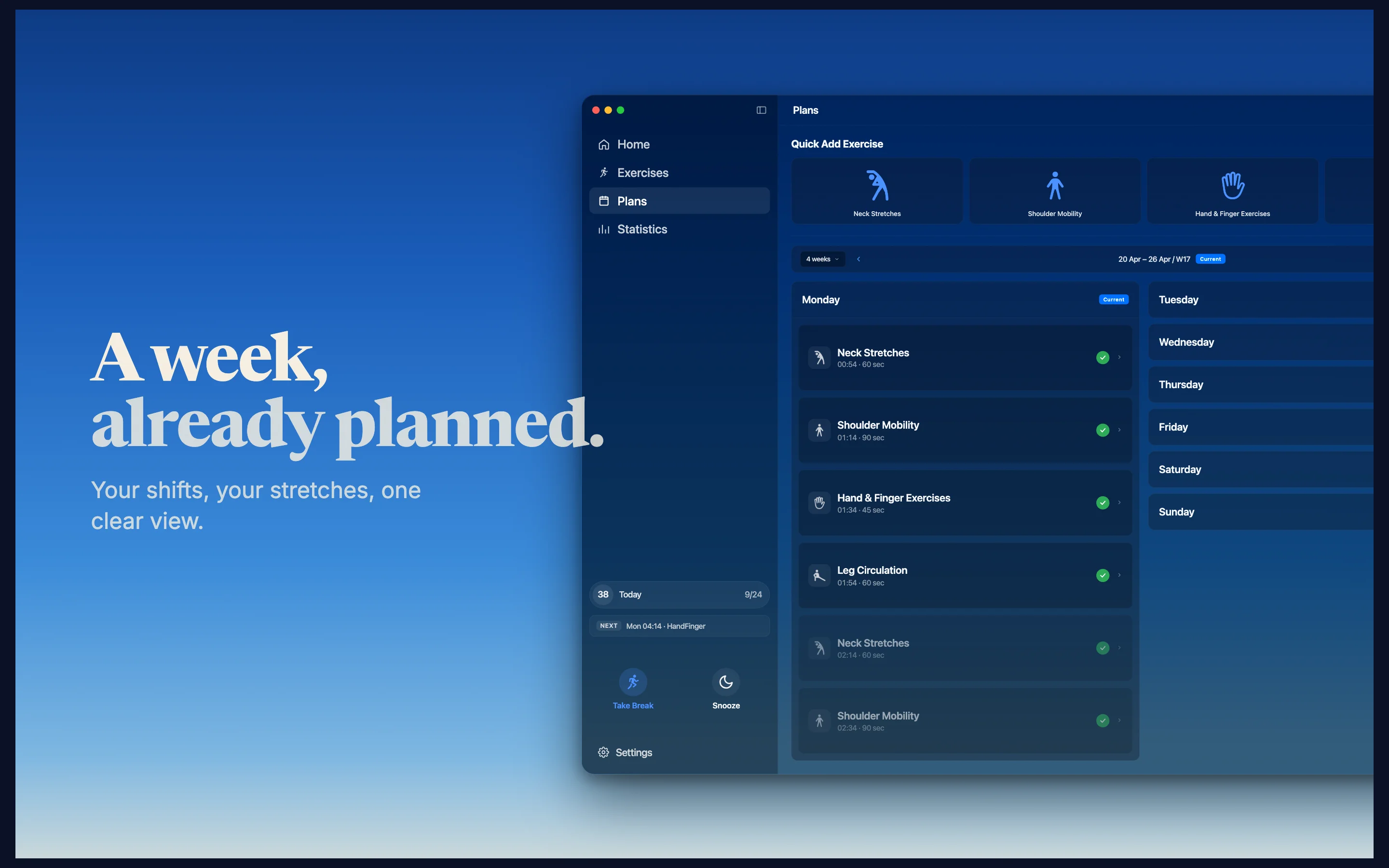 60sReset weekly planning interface for organizing desk exercises