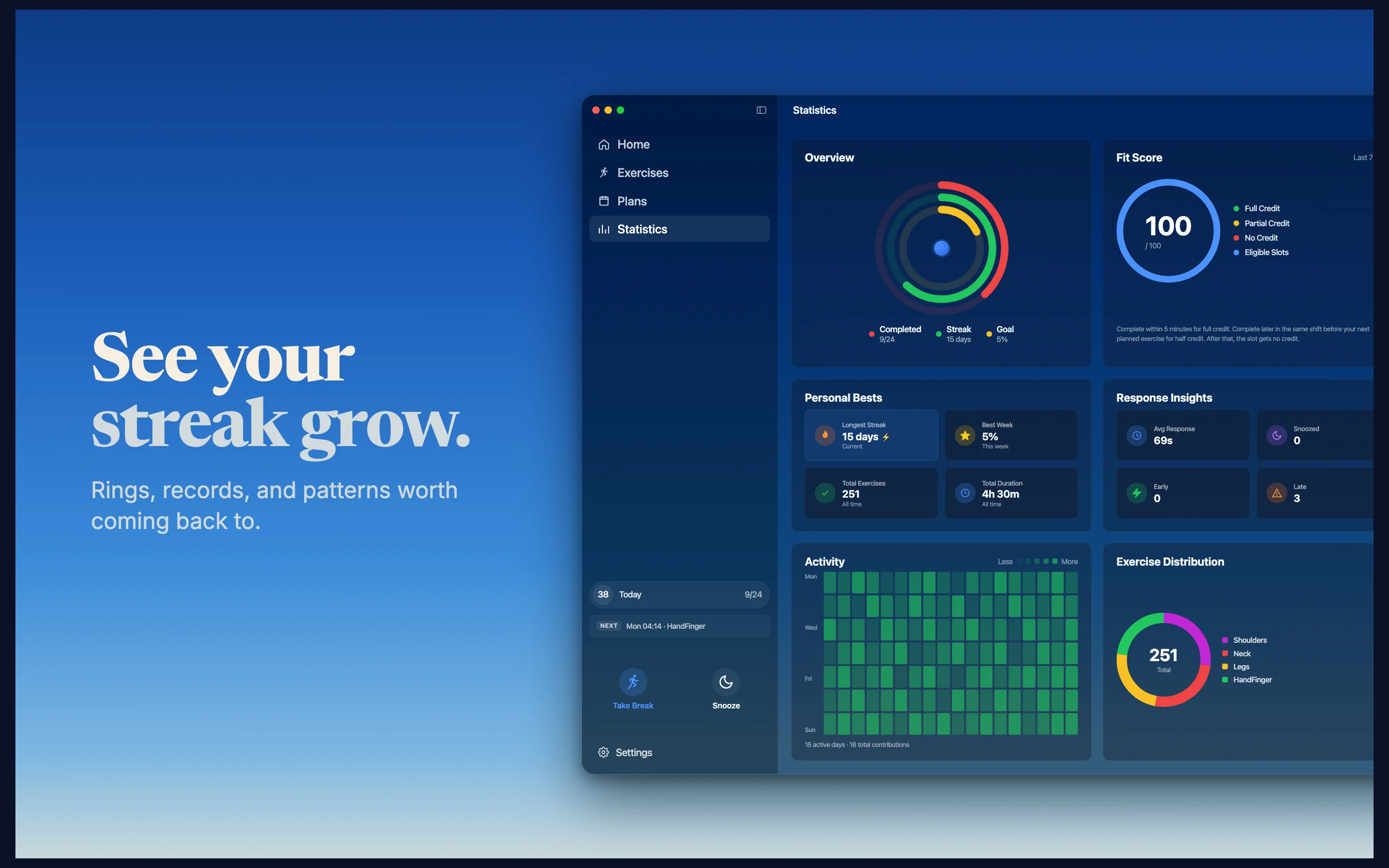 60sReset stats dashboard with Fit Score, rings, weekly chart and heatmap